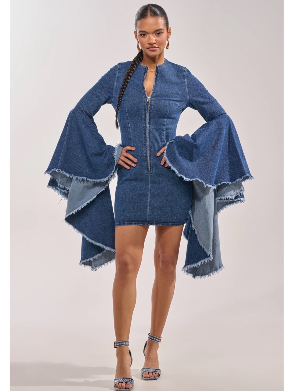 AKIRA Two-Tone Blue Denim Bell-Sleeve Mini Dress